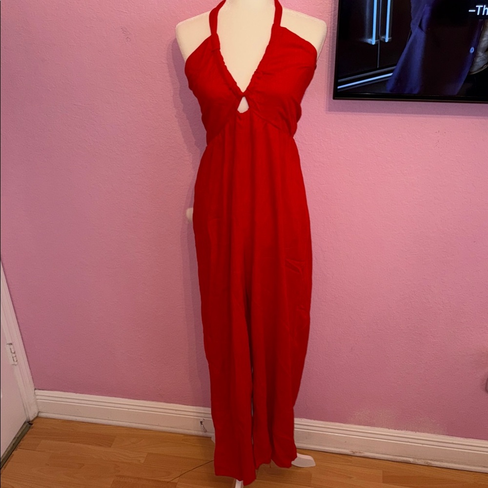 12th Tribe Linen Red Halter Jumpsuit